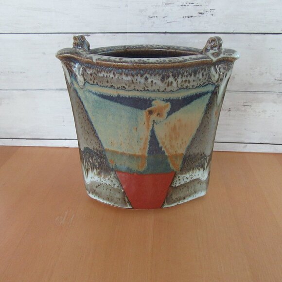 Vintage glazed art pottery envelope shaped vase -geometric pattern-Modernist-MCM - Picture 6 of 12